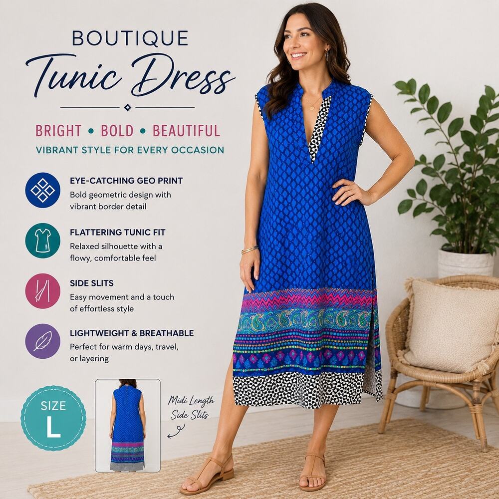 Womens Blue Geometric Print Tunic Dress Midi Boho V Neck Side Slit Short Sleeve